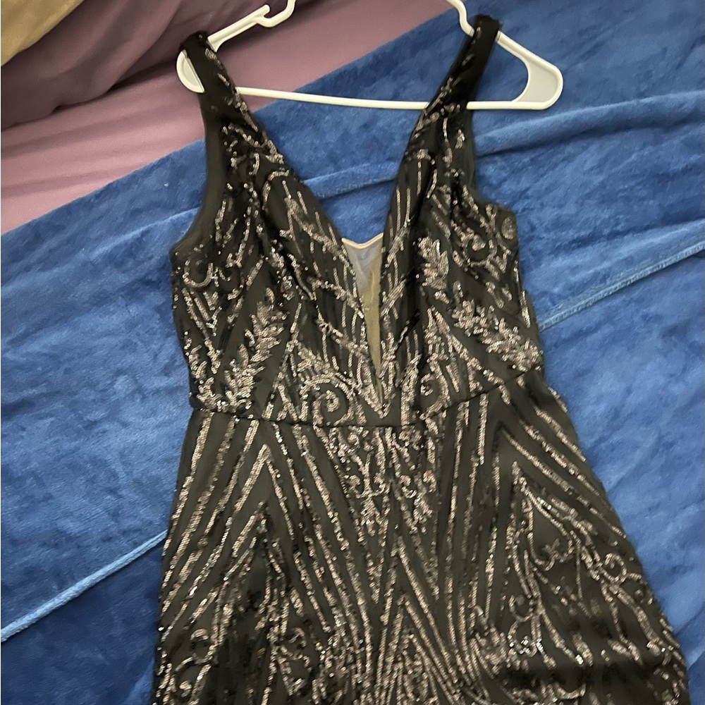 David’s Bridal wide leg all over sequin jumpsuit.